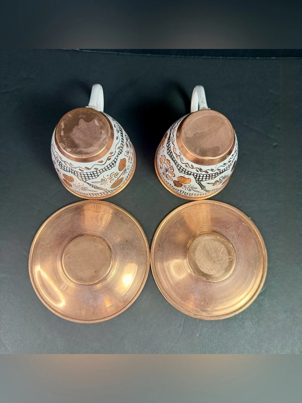 Vintage Handcrafted Copper Mugs Pure Copper Colorful Floral Engravings Turkish